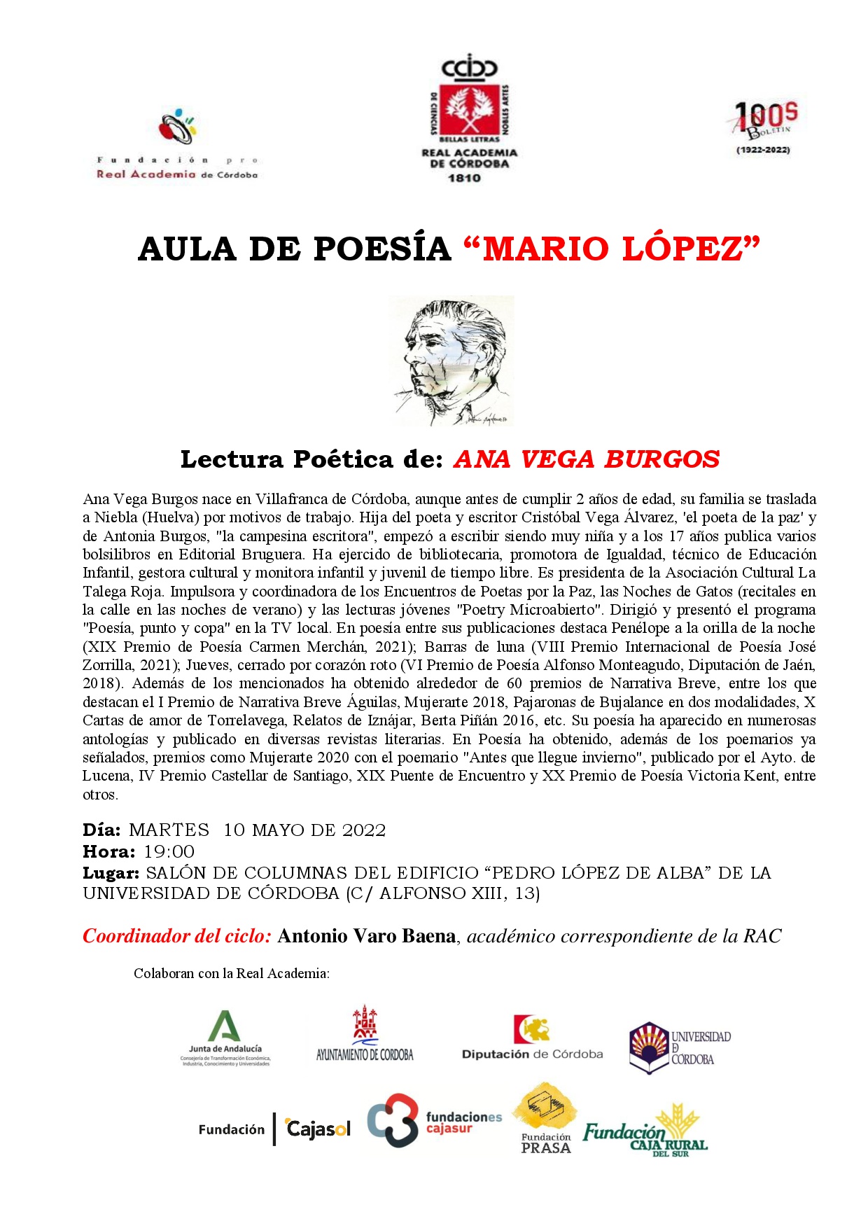 Aula de poesía "Mario López". Lectura poética de: Ana Vega Burgos